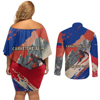Liechtenstein Couples Matching Off Shoulder Short Dress and Long Sleeve Button Shirt with Alpine Skiing Red Blue Design and Mountain Landscape - Wonder Print Shop