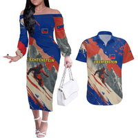 Liechtenstein Couples Matching Off The Shoulder Long Sleeve Dress and Hawaiian Shirt with Alpine Skiing Red Blue Design and Mountain Landscape - Wonder Print Shop