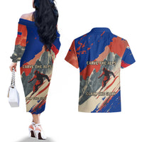 Liechtenstein Couples Matching Off The Shoulder Long Sleeve Dress and Hawaiian Shirt with Alpine Skiing Red Blue Design and Mountain Landscape - Wonder Print Shop