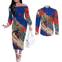 Liechtenstein Couples Matching Off The Shoulder Long Sleeve Dress and Long Sleeve Button Shirt with Alpine Skiing Red Blue Design and Mountain Landscape - Wonder Print Shop