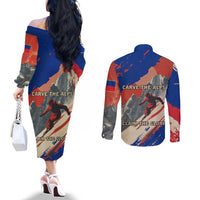 Liechtenstein Couples Matching Off The Shoulder Long Sleeve Dress and Long Sleeve Button Shirt with Alpine Skiing Red Blue Design and Mountain Landscape - Wonder Print Shop