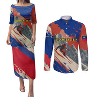 Liechtenstein Couples Matching Puletasi and Long Sleeve Button Shirt with Alpine Skiing Red Blue Design and Mountain Landscape - Wonder Print Shop