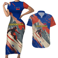 Liechtenstein Couples Matching Short Sleeve Bodycon Dress and Hawaiian Shirt with Alpine Skiing Red Blue Design and Mountain Landscape - Wonder Print Shop
