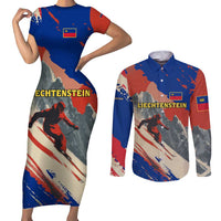 Liechtenstein Couples Matching Short Sleeve Bodycon Dress and Long Sleeve Button Shirt with Alpine Skiing Red Blue Design and Mountain Landscape - Wonder Print Shop