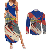Liechtenstein Couples Matching Summer Maxi Dress and Long Sleeve Button Shirt with Alpine Skiing Red Blue Design and Mountain Landscape - Wonder Print Shop