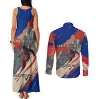 Liechtenstein Couples Matching Tank Maxi Dress and Long Sleeve Button Shirt with Alpine Skiing Red Blue Design and Mountain Landscape - Wonder Print Shop