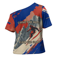 Liechtenstein Cross Shoulder Shirt with Alpine Skiing Red Blue Design and Mountain Landscape - Wonder Print Shop