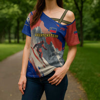 Liechtenstein Cross Shoulder Shirt with Alpine Skiing Red Blue Design and Mountain Landscape - Wonder Print Shop
