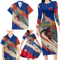 Liechtenstein Family Matching Long Sleeve Bodycon Dress and Hawaiian Shirt with Alpine Skiing Red Blue Design and Mountain Landscape - Wonder Print Shop