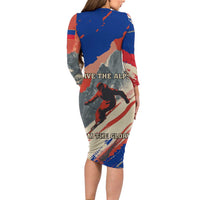 Liechtenstein Family Matching Long Sleeve Bodycon Dress and Hawaiian Shirt with Alpine Skiing Red Blue Design and Mountain Landscape - Wonder Print Shop