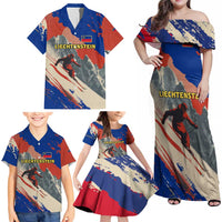 Liechtenstein Family Matching Off Shoulder Maxi Dress and Hawaiian Shirt with Alpine Skiing Red Blue Design and Mountain Landscape - Wonder Print Shop