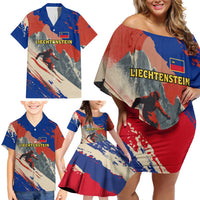 Liechtenstein Family Matching Off Shoulder Short Dress and Hawaiian Shirt with Alpine Skiing Red Blue Design and Mountain Landscape - Wonder Print Shop