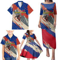 Liechtenstein Family Matching Puletasi and Hawaiian Shirt with Alpine Skiing Red Blue Design and Mountain Landscape - Wonder Print Shop