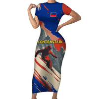 Liechtenstein Family Matching Short Sleeve Bodycon Dress and Hawaiian Shirt with Alpine Skiing Red Blue Design and Mountain Landscape - Wonder Print Shop