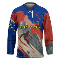 Liechtenstein Hockey Jersey with Alpine Skiing Red Blue Design and Mountain Landscape - Wonder Print Shop