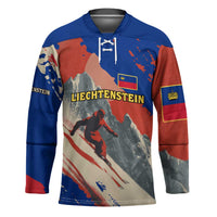 Liechtenstein Hockey Jersey with Alpine Skiing Red Blue Design and Mountain Landscape - Wonder Print Shop