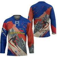 Liechtenstein Hockey Jersey with Alpine Skiing Red Blue Design and Mountain Landscape - Wonder Print Shop