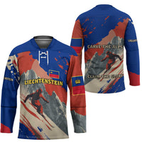 Liechtenstein Hockey Jersey with Alpine Skiing Red Blue Design and Mountain Landscape - Wonder Print Shop