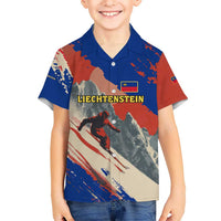 Liechtenstein Kid Hawaiian Shirt with Alpine Skiing Red Blue Design and Mountain Landscape - Wonder Print Shop