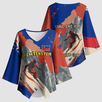 Liechtenstein Kimono Sleeve Blouse with Alpine Skiing Red Blue Design and Mountain Landscape - Wonder Print Shop