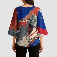 Liechtenstein Kimono Sleeve Blouse with Alpine Skiing Red Blue Design and Mountain Landscape - Wonder Print Shop