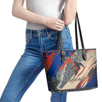 Liechtenstein Leather Tote Bag with Alpine Skiing Red Blue Design and Mountain Landscape - Wonder Print Shop