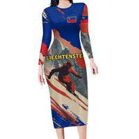 Liechtenstein Long Sleeve Bodycon Dress with Alpine Skiing Red Blue Design and Mountain Landscape - Wonder Print Shop
