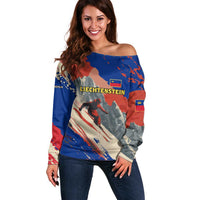 Liechtenstein Off Shoulder Sweater with Alpine Skiing Red Blue Design and Mountain Landscape - Wonder Print Shop