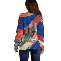Liechtenstein Off Shoulder Sweater with Alpine Skiing Red Blue Design and Mountain Landscape - Wonder Print Shop