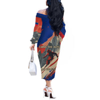 Liechtenstein Off The Shoulder Long Sleeve Dress with Alpine Skiing Red Blue Design and Mountain Landscape - Wonder Print Shop
