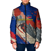 Liechtenstein Padded Jacket with Alpine Skiing Red Blue Design and Mountain Landscape - Wonder Print Shop