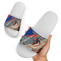 Liechtenstein Slide Sandals with Alpine Skiing Red Blue Design and Mountain Landscape - Wonder Print Shop