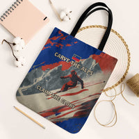 Liechtenstein Tote Bag with Alpine Skiing Red Blue Design and Mountain Landscape - Wonder Print Shop
