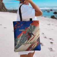 Liechtenstein Tote Bag with Alpine Skiing Red Blue Design and Mountain Landscape - Wonder Print Shop
