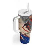 Liechtenstein Tumbler With Handle with Alpine Skiing Red Blue Design and Mountain Landscape - Wonder Print Shop