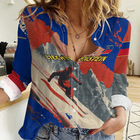 Liechtenstein Women Casual Shirt with Alpine Skiing Red Blue Design and Mountain Landscape - Wonder Print Shop