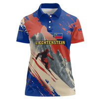 Liechtenstein Women Polo Shirt with Alpine Skiing Red Blue Design and Mountain Landscape - Wonder Print Shop