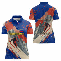 Liechtenstein Women Polo Shirt with Alpine Skiing Red Blue Design and Mountain Landscape - Wonder Print Shop
