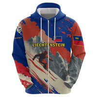 Liechtenstein Zip Hoodie with Alpine Skiing Red Blue Design and Mountain Landscape - Wonder Print Shop