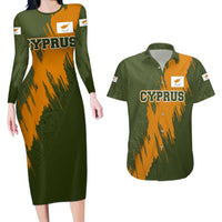 Cyprus Couples Matching Long Sleeve Bodycon Dress and Hawaiian Shirt with Green Orange Brushstroke Design and National Emblem - Wonder Print Shop