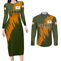 Cyprus Couples Matching Long Sleeve Bodycon Dress and Long Sleeve Button Shirt with Green Orange Brushstroke Design and National Emblem - Wonder Print Shop