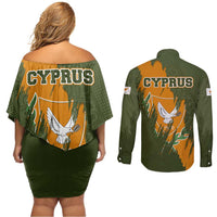 Cyprus Couples Matching Off Shoulder Short Dress and Long Sleeve Button Shirt with Green Orange Brushstroke Design and National Emblem - Wonder Print Shop