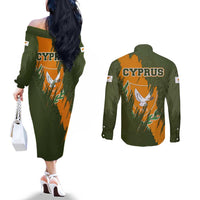 Cyprus Couples Matching Off The Shoulder Long Sleeve Dress and Long Sleeve Button Shirt with Green Orange Brushstroke Design and National Emblem - Wonder Print Shop