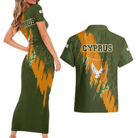 Cyprus Couples Matching Short Sleeve Bodycon Dress and Hawaiian Shirt with Green Orange Brushstroke Design and National Emblem - Wonder Print Shop