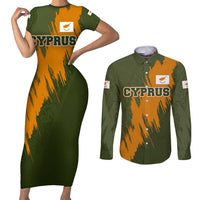 Cyprus Couples Matching Short Sleeve Bodycon Dress and Long Sleeve Button Shirt with Green Orange Brushstroke Design and National Emblem - Wonder Print Shop