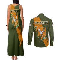 Cyprus Couples Matching Tank Maxi Dress and Long Sleeve Button Shirt with Green Orange Brushstroke Design and National Emblem - Wonder Print Shop