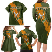 Cyprus Family Matching Long Sleeve Bodycon Dress and Hawaiian Shirt with Green Orange Brushstroke Design and National Emblem - Wonder Print Shop