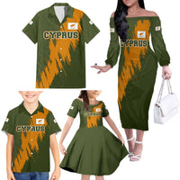 Cyprus Family Matching Off The Shoulder Long Sleeve Dress and Hawaiian Shirt with Green Orange Brushstroke Design and National Emblem - Wonder Print Shop