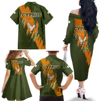 Cyprus Family Matching Off The Shoulder Long Sleeve Dress and Hawaiian Shirt with Green Orange Brushstroke Design and National Emblem - Wonder Print Shop