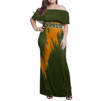 Cyprus Family Matching Off Shoulder Maxi Dress and Hawaiian Shirt with Green Orange Brushstroke Design and National Emblem - Wonder Print Shop
